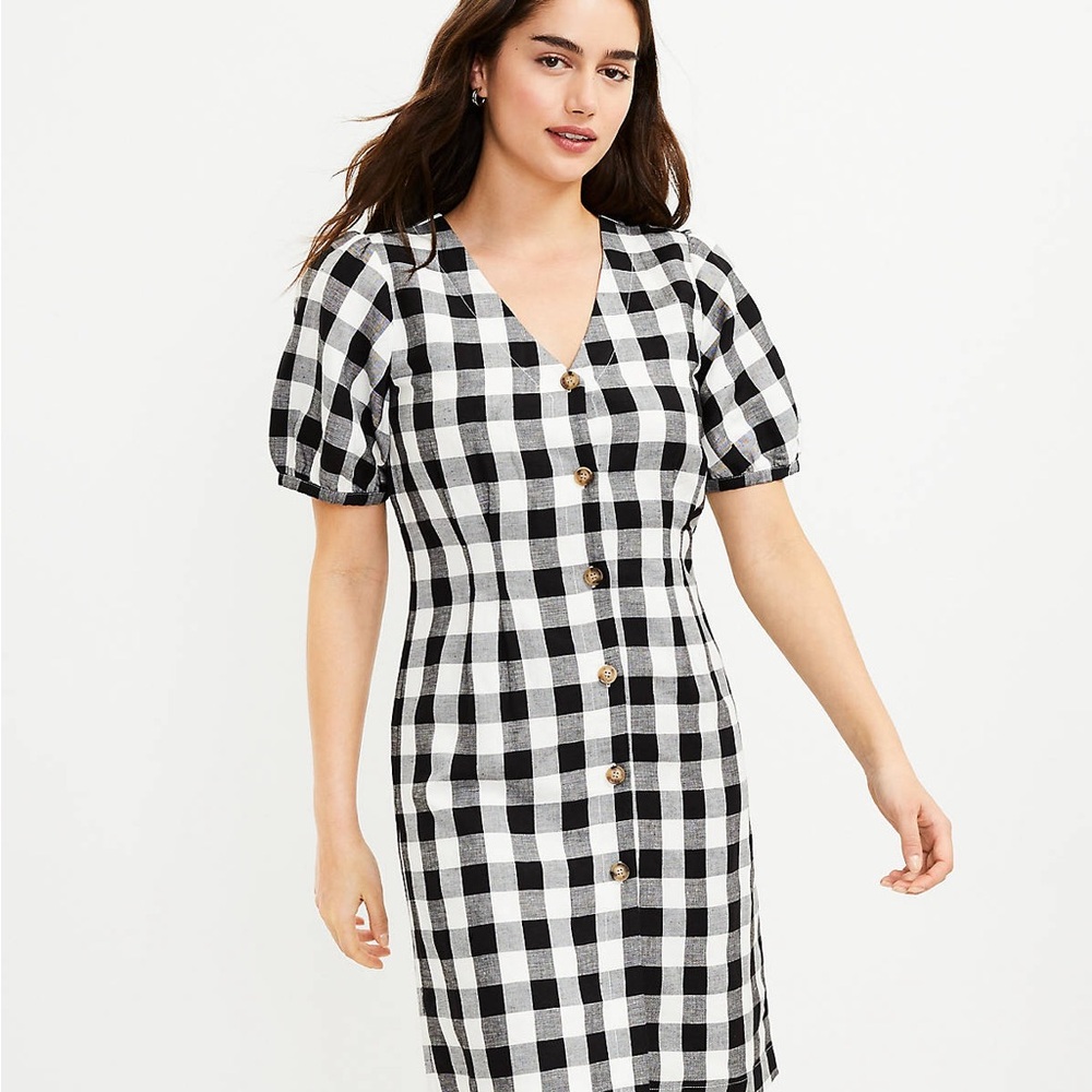 Loft black and white plaid gingham button front v neck fall midi dress